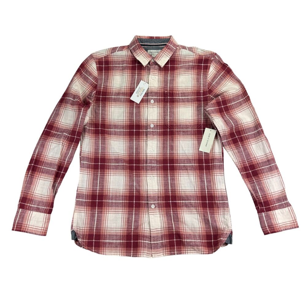 Sun + Stone Mens Classic Fit Plaid Cotton Button Down Shirt Red S